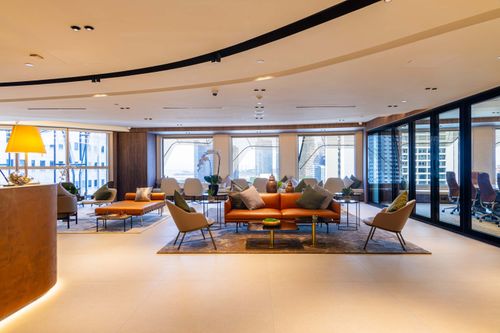 Modern premium flexible office interior in Asia, featuring luxury design and professional reception.